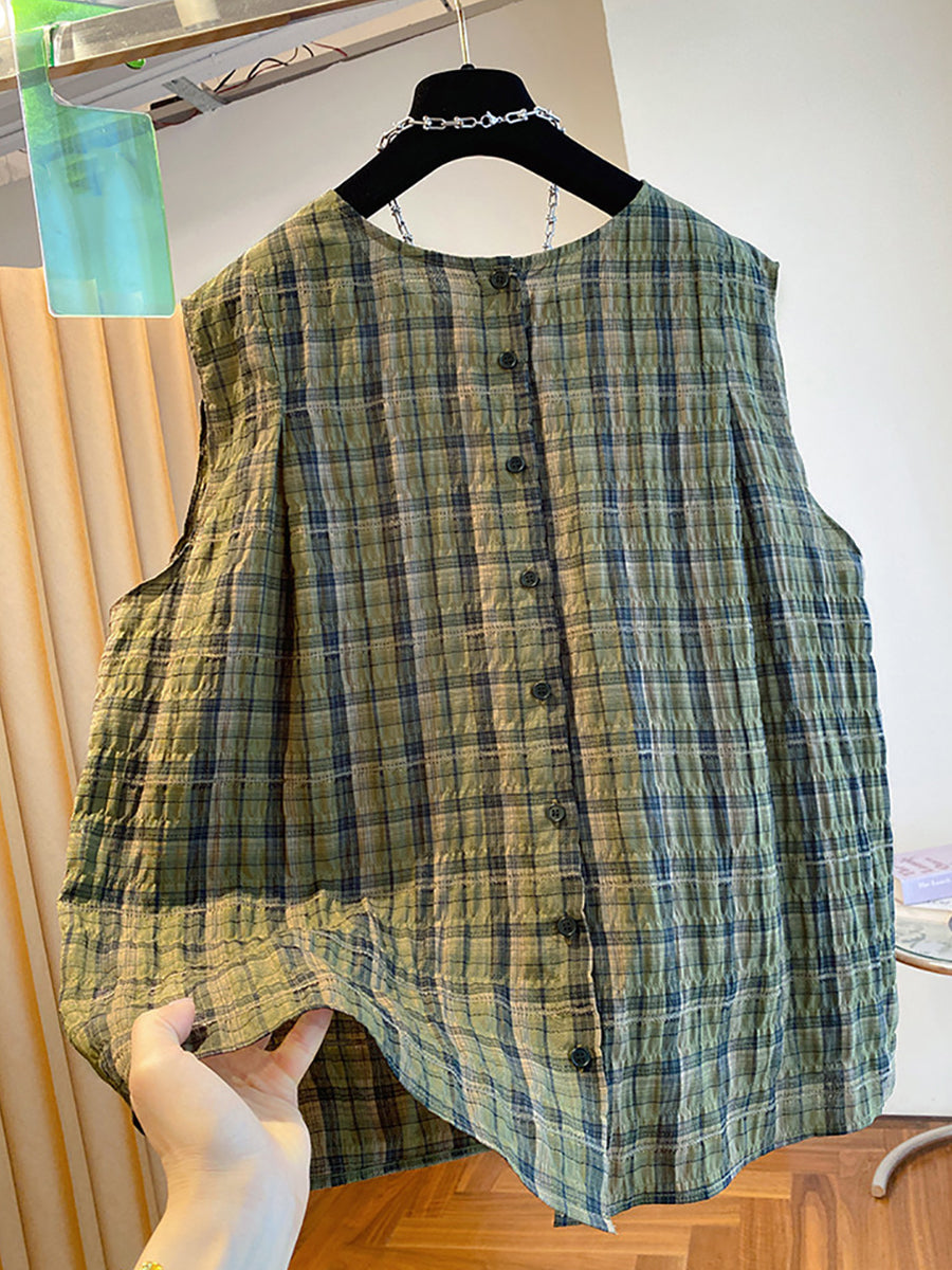 Plus Size Women Summer Plaid Artsy Crew Cotton Sleeveless Blouse