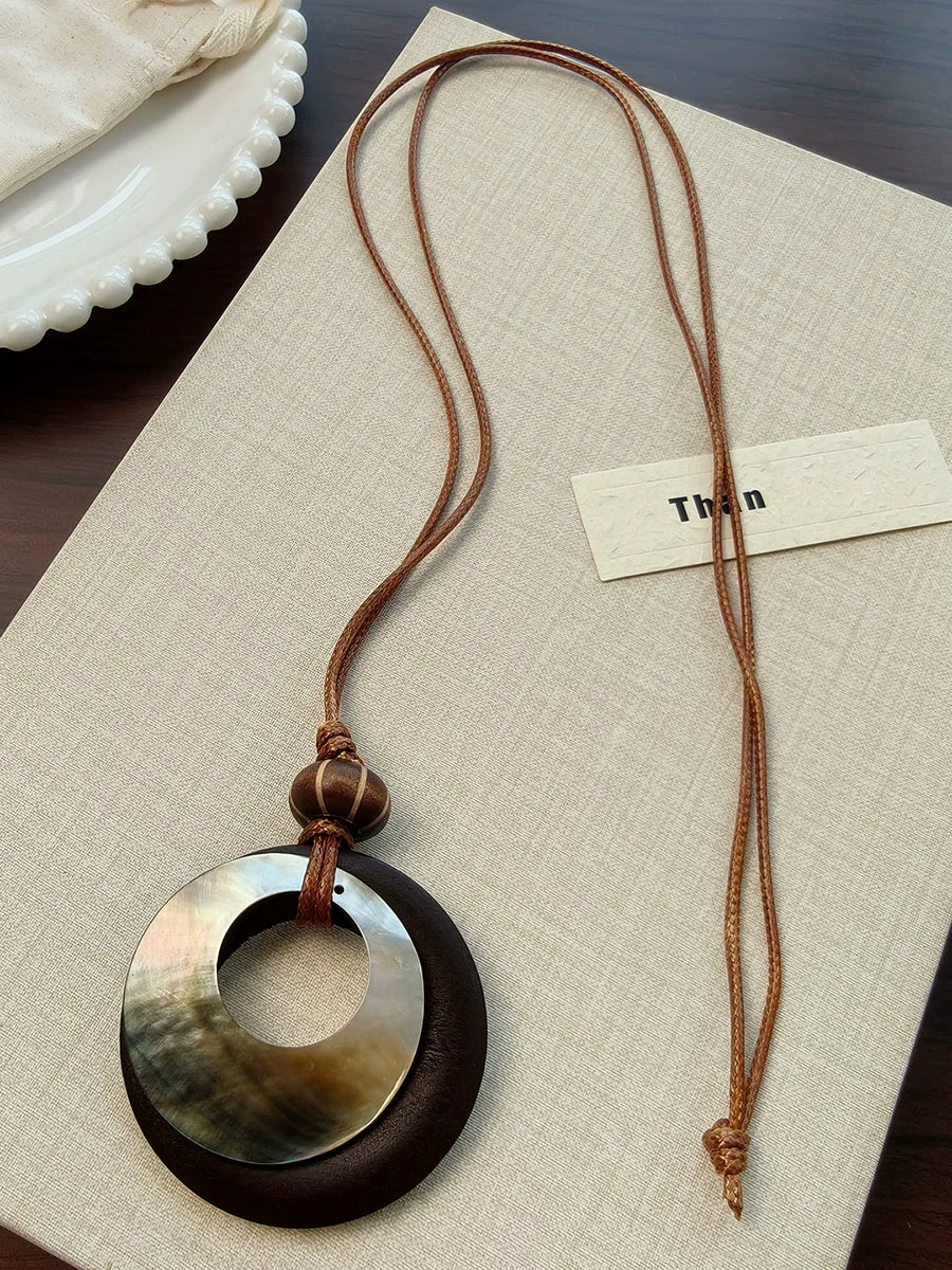 Vintage Round Wooden Boho Pendant Necklace