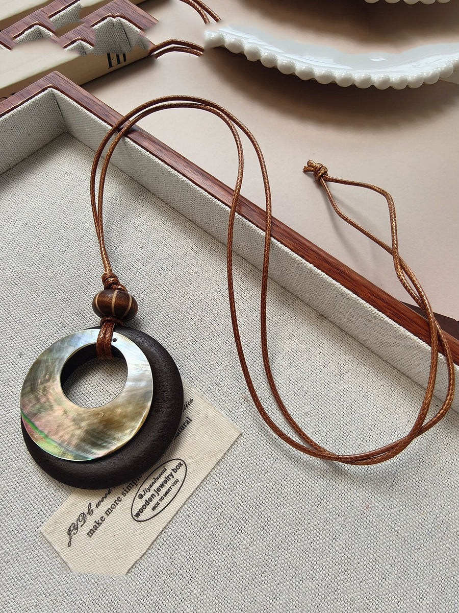 Vintage Round Wooden Boho Pendant Necklace