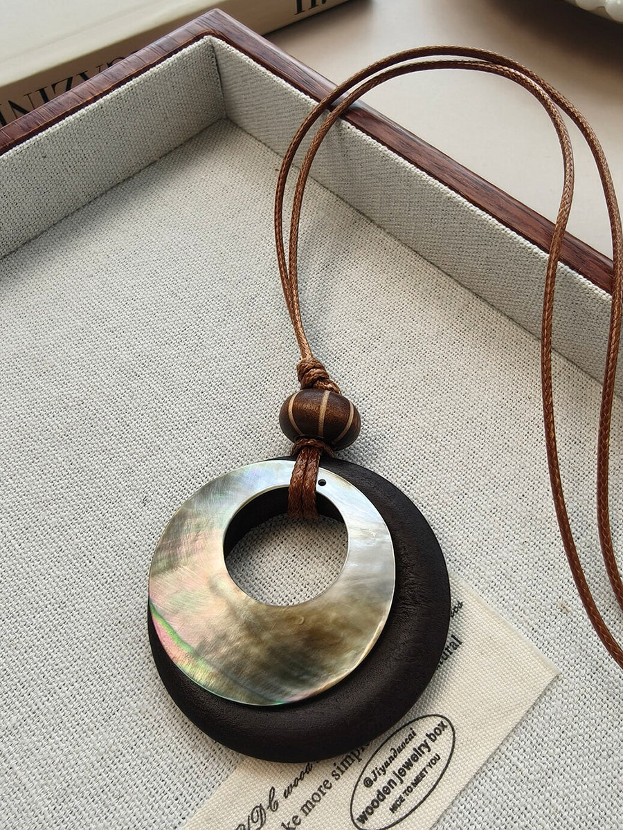 Vintage Round Wooden Boho Pendant Necklace