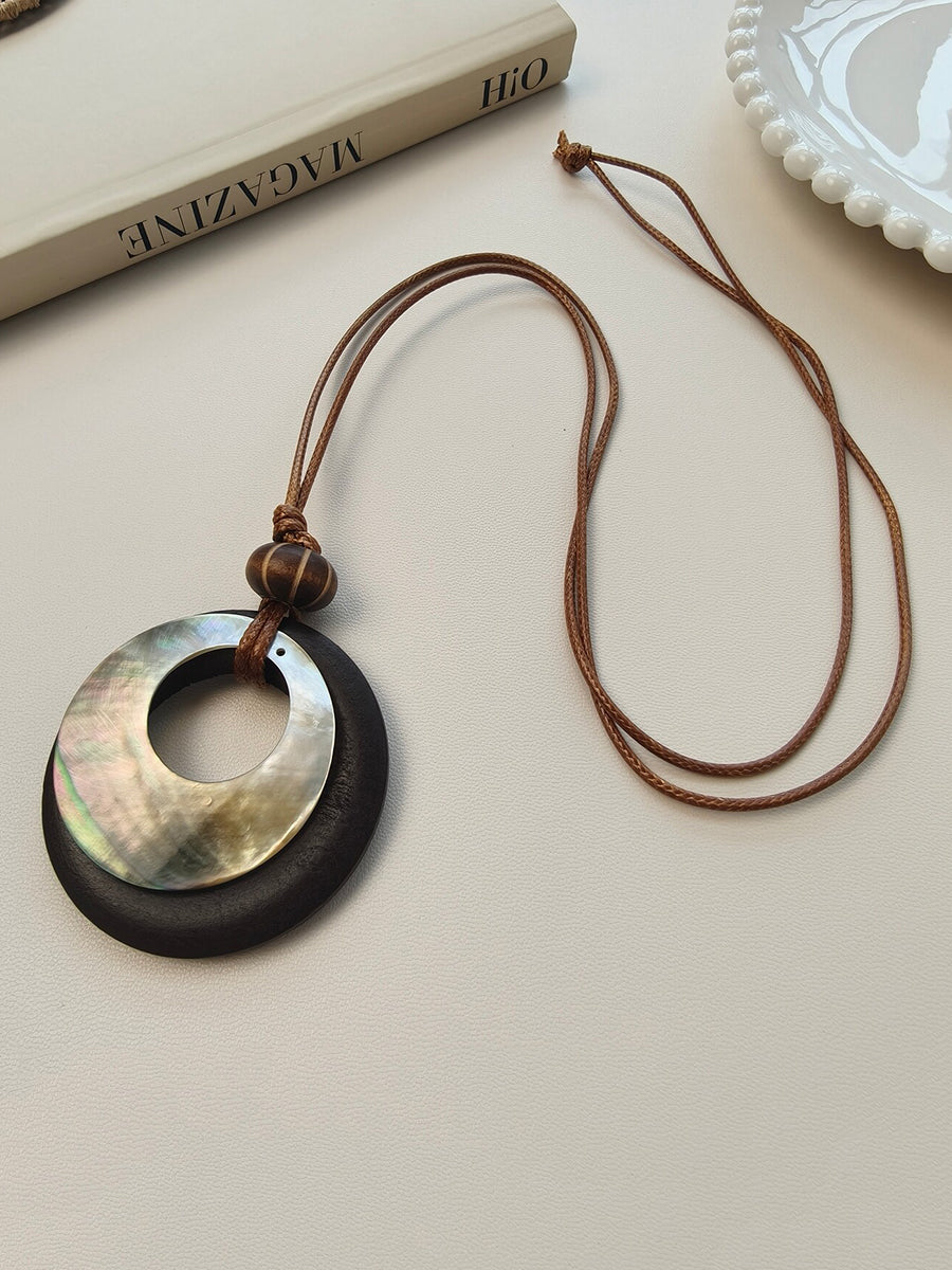 Vintage Round Wooden Boho Pendant Necklace