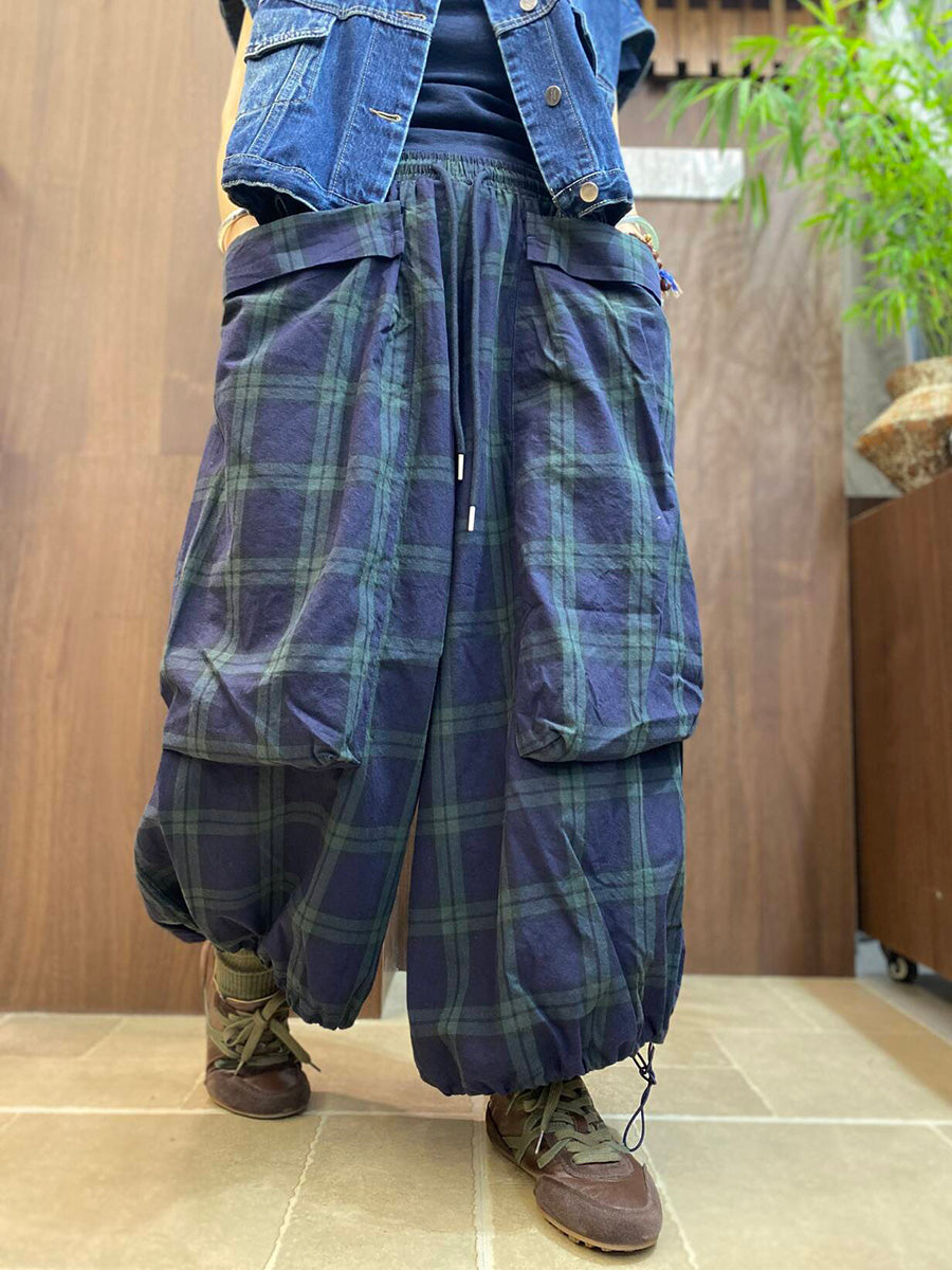 Plus Size Women Vintage Plaid Big Pocket Wide-Leg Pants