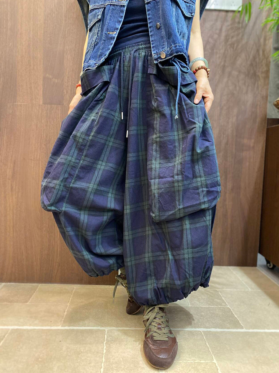 Plus Size Women Vintage Plaid Big Pocket Wide-Leg Pants