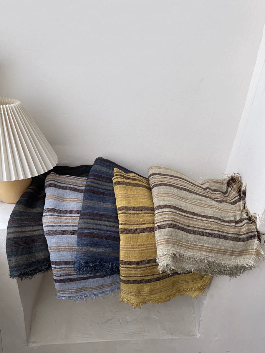 Women Retro Artistic Stripe Small Fringed Shawl Scarf