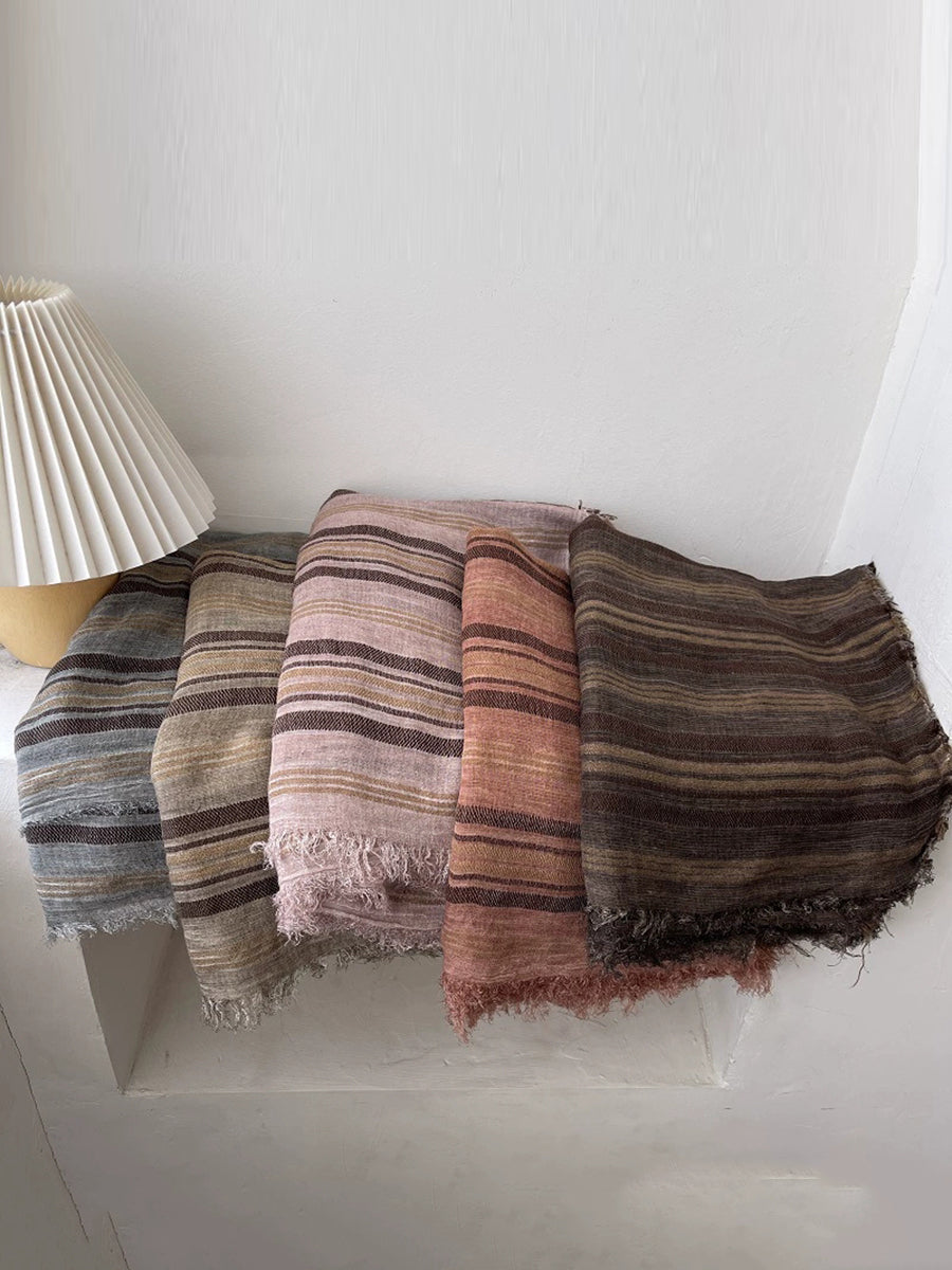 Women Retro Artistic Stripe Small Fringed Shawl Scarf