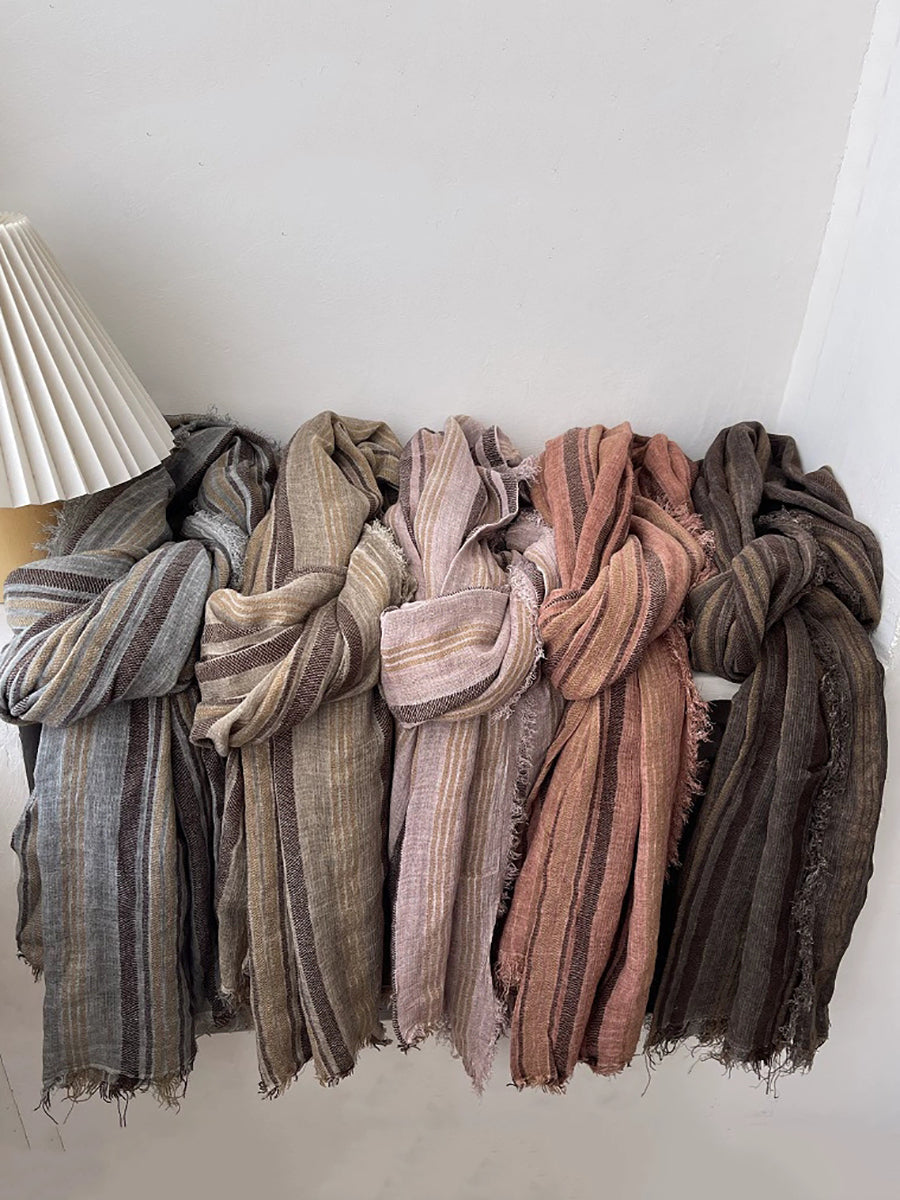 Women Retro Artistic Stripe Small Fringed Shawl Scarf