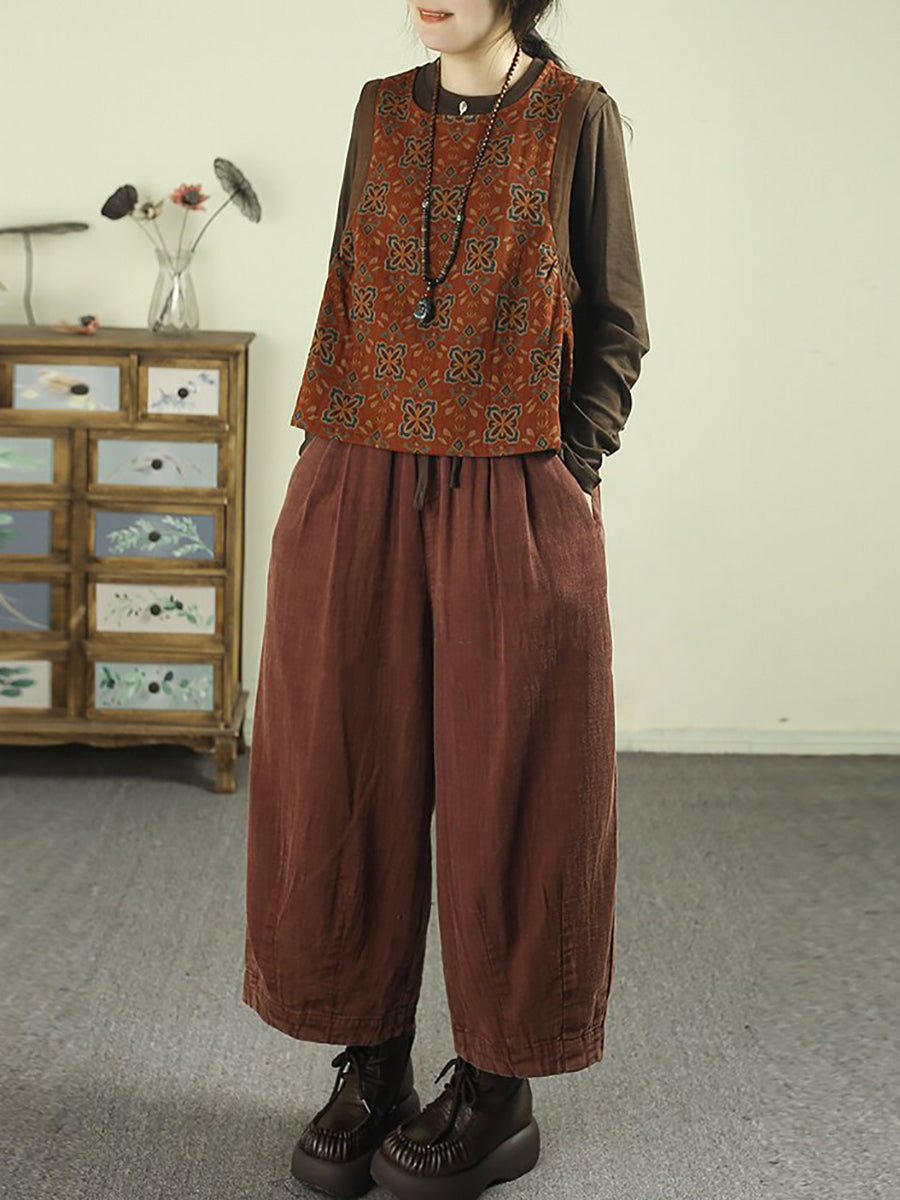 Women Vintage Square Neck Printed Bound-Edge Vest