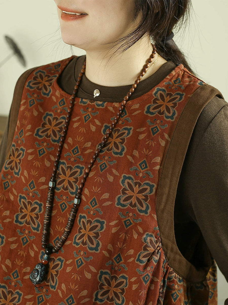 Women Vintage Square Neck Printed Bound-Edge Vest