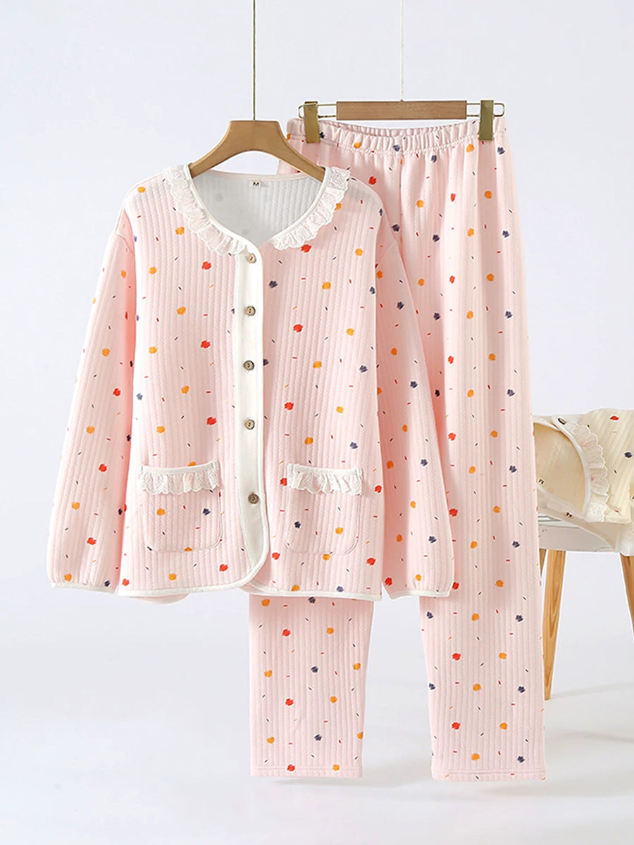 Plus Size Women Winter Thickened Cotton Long Sleeve Pajamas Set
