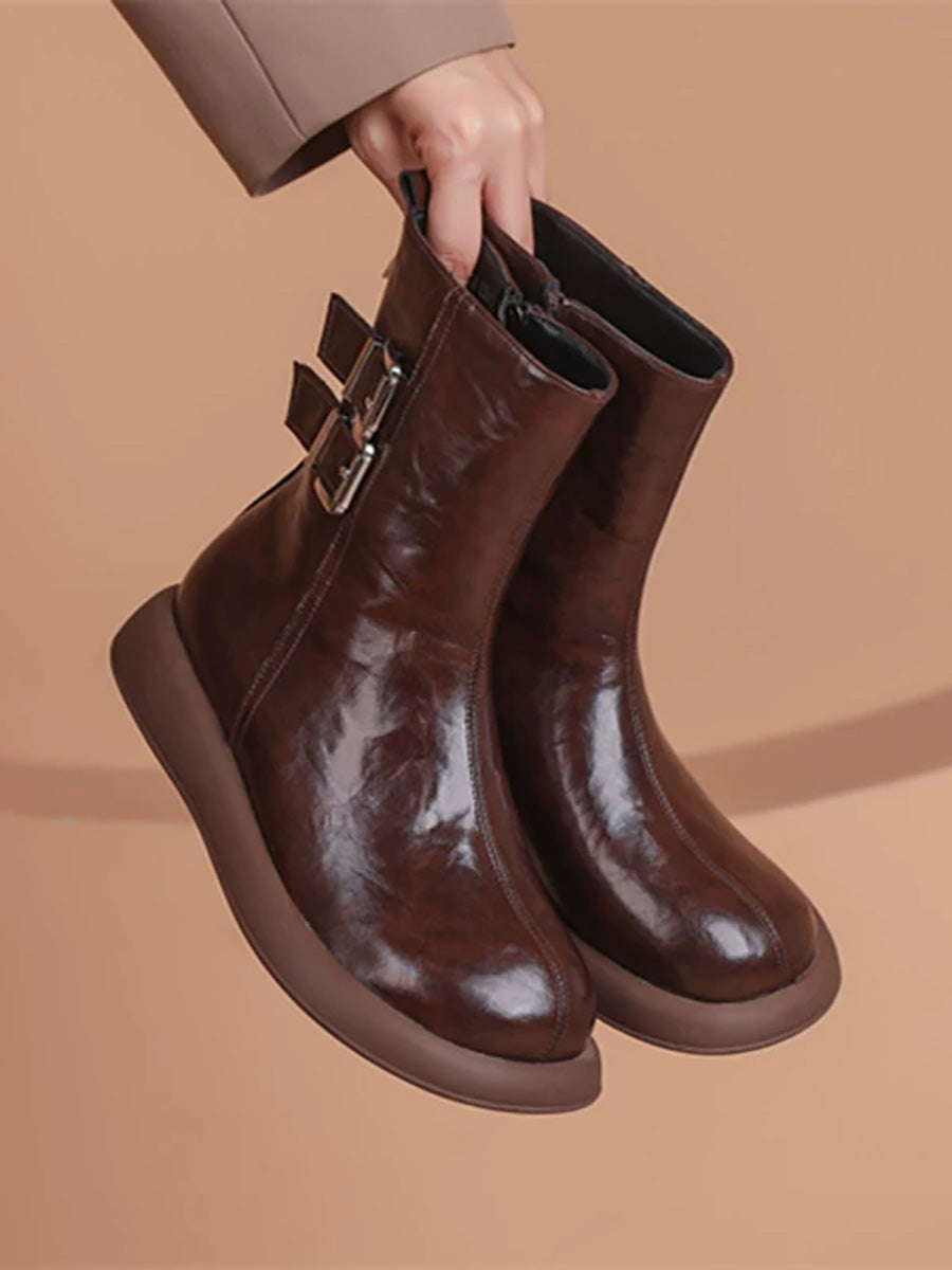Women Minimalist Genuine Leather Chunky Platform Versatile Ankle Boots