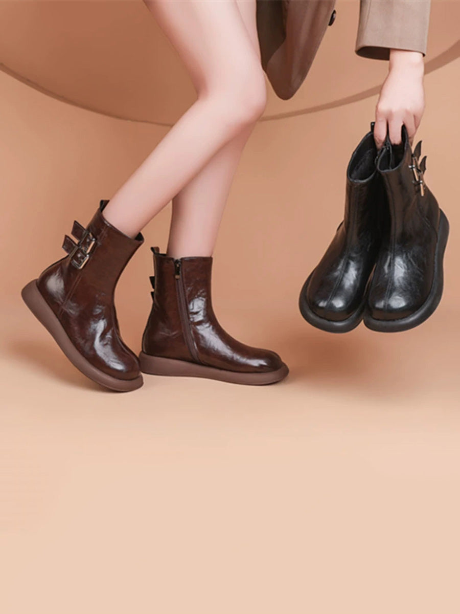 Women Minimalist Genuine Leather Chunky Platform Versatile Ankle Boots
