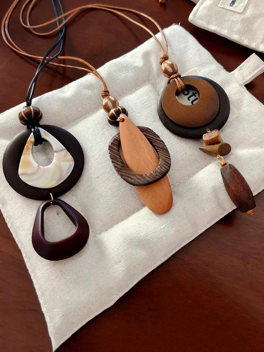 Women Vintage Wooden Pendant Necklace – Long Ethnic Sweater Chain