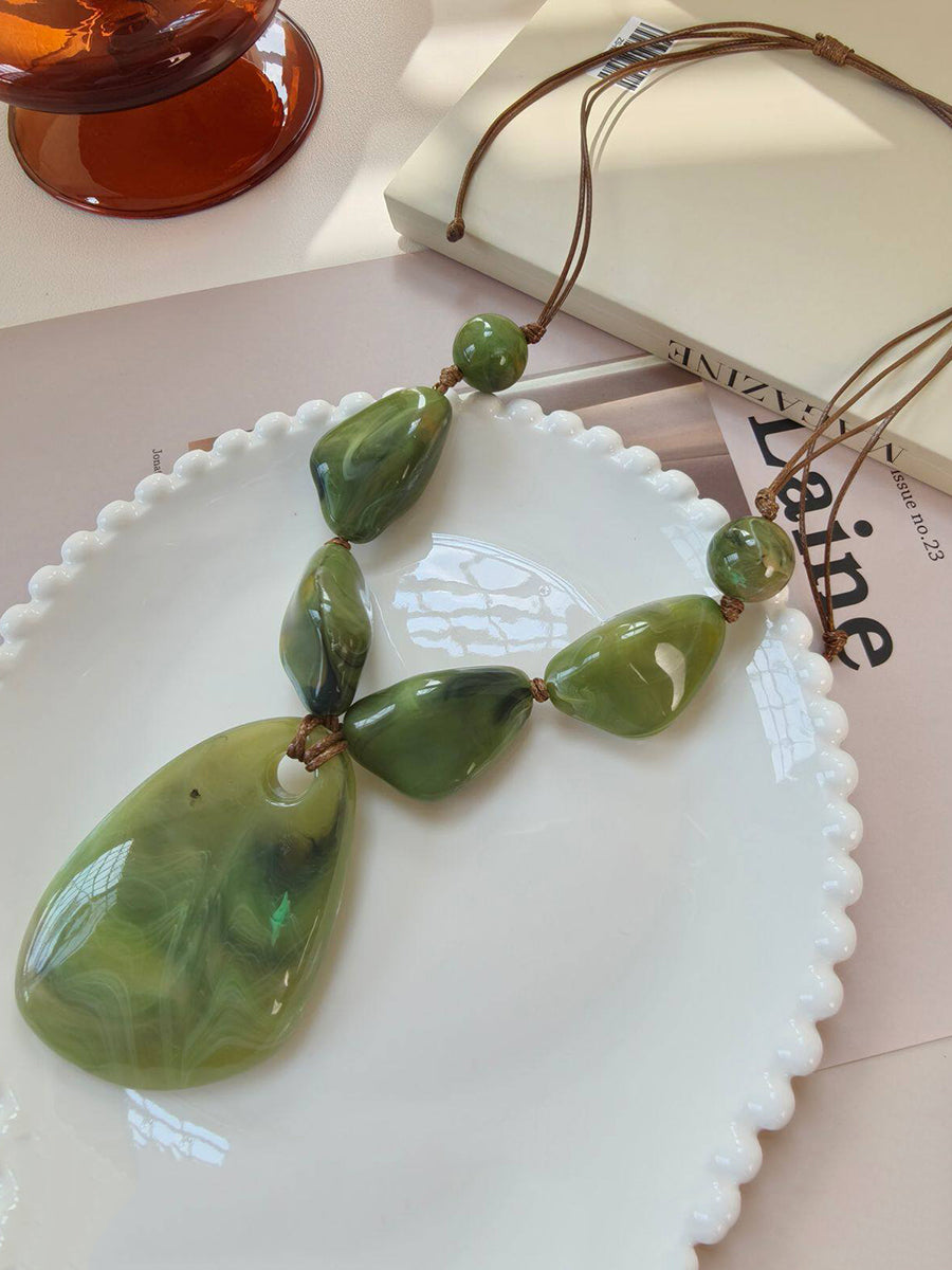 Women Resin Irregular Pendant Necklace – Cotton Wax Cord Sweater Chain