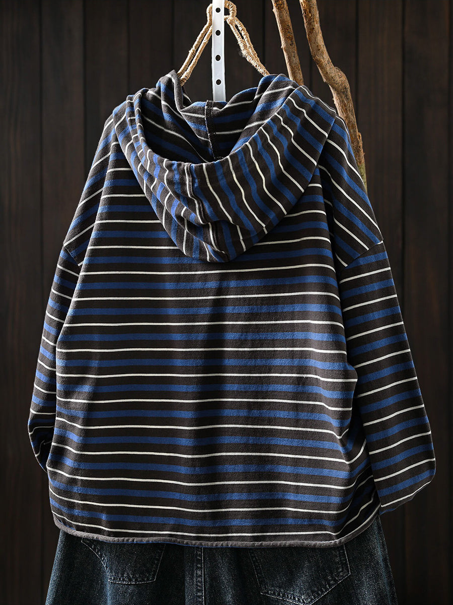 Plus Size Women Color-Block Striped Lightweight Hoodie