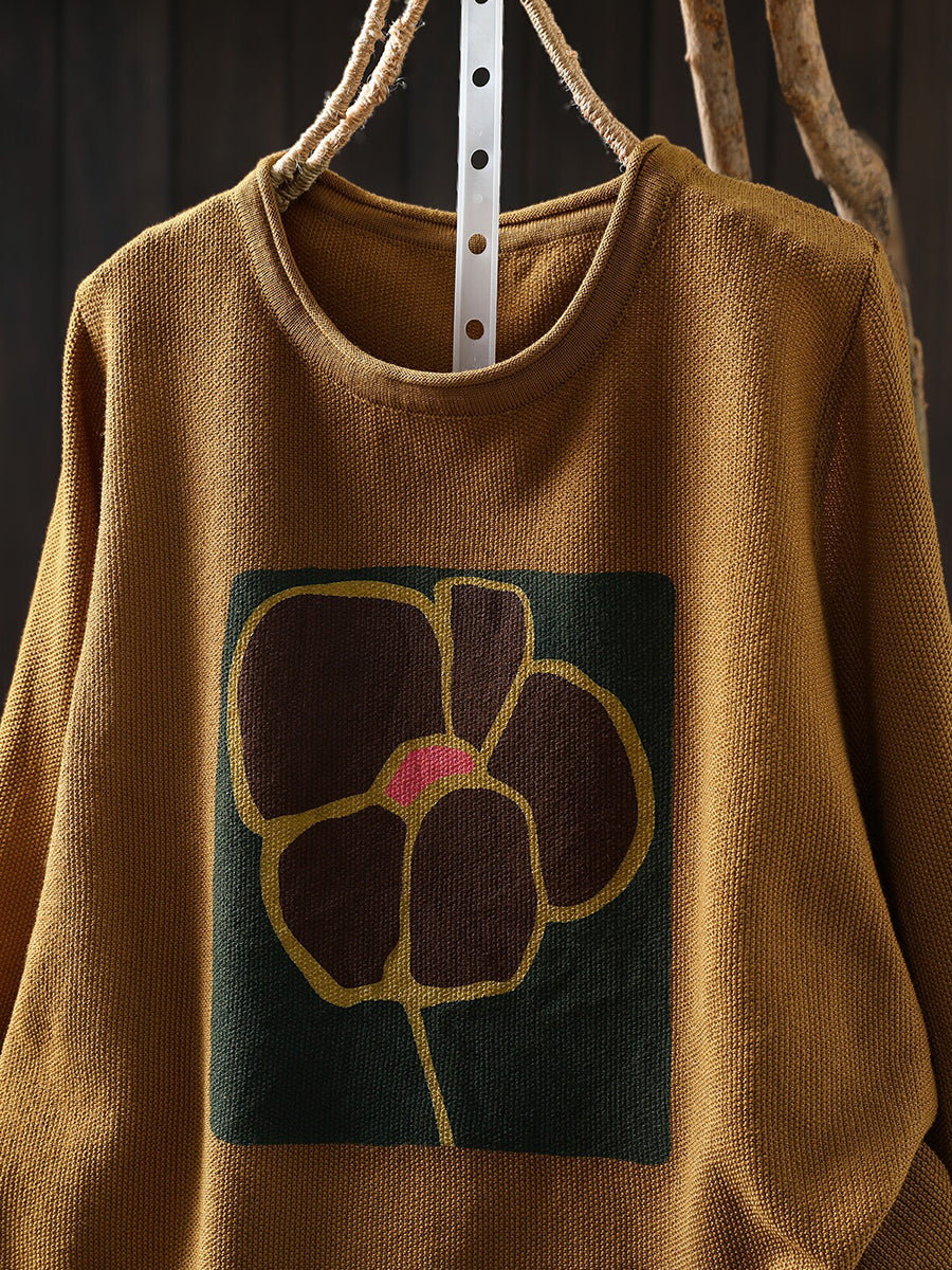 Women Fall Winter Floral Artsy Long Sleeve Cotton Knit Top