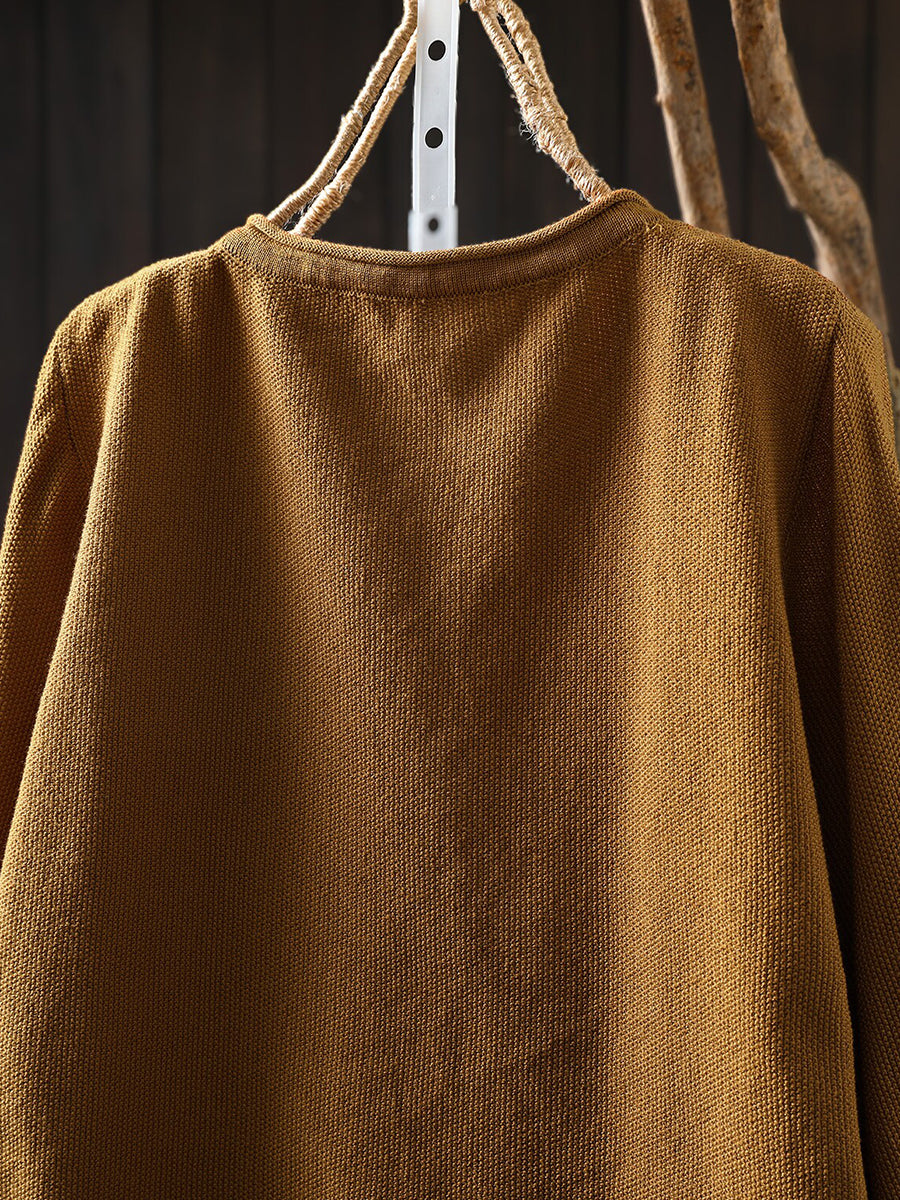 Women Fall Winter Floral Artsy Long Sleeve Cotton Knit Top