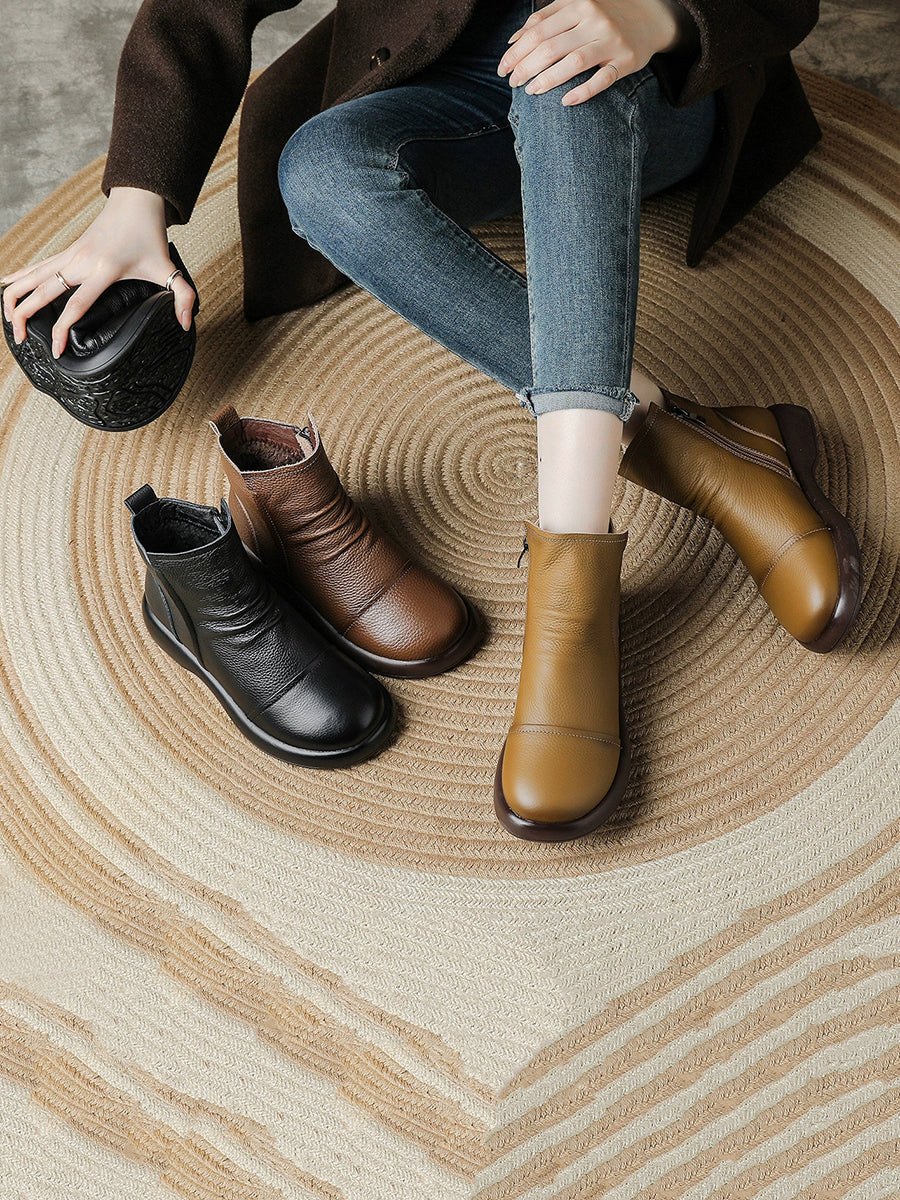 Women Vintage Leather Ruched Soft Ankle Boots