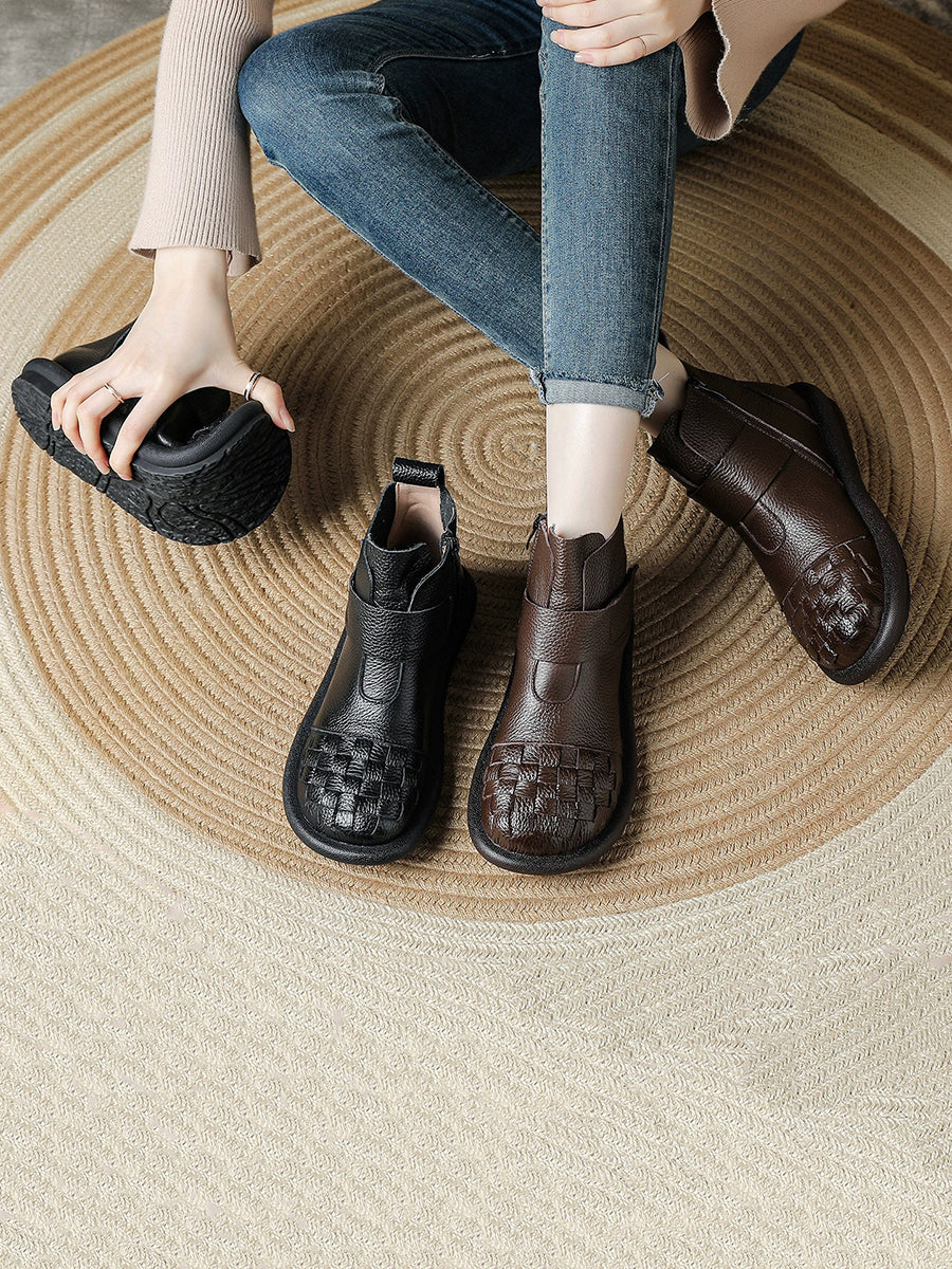 Women Winter Retro Genuine Leather Casual Short Boots