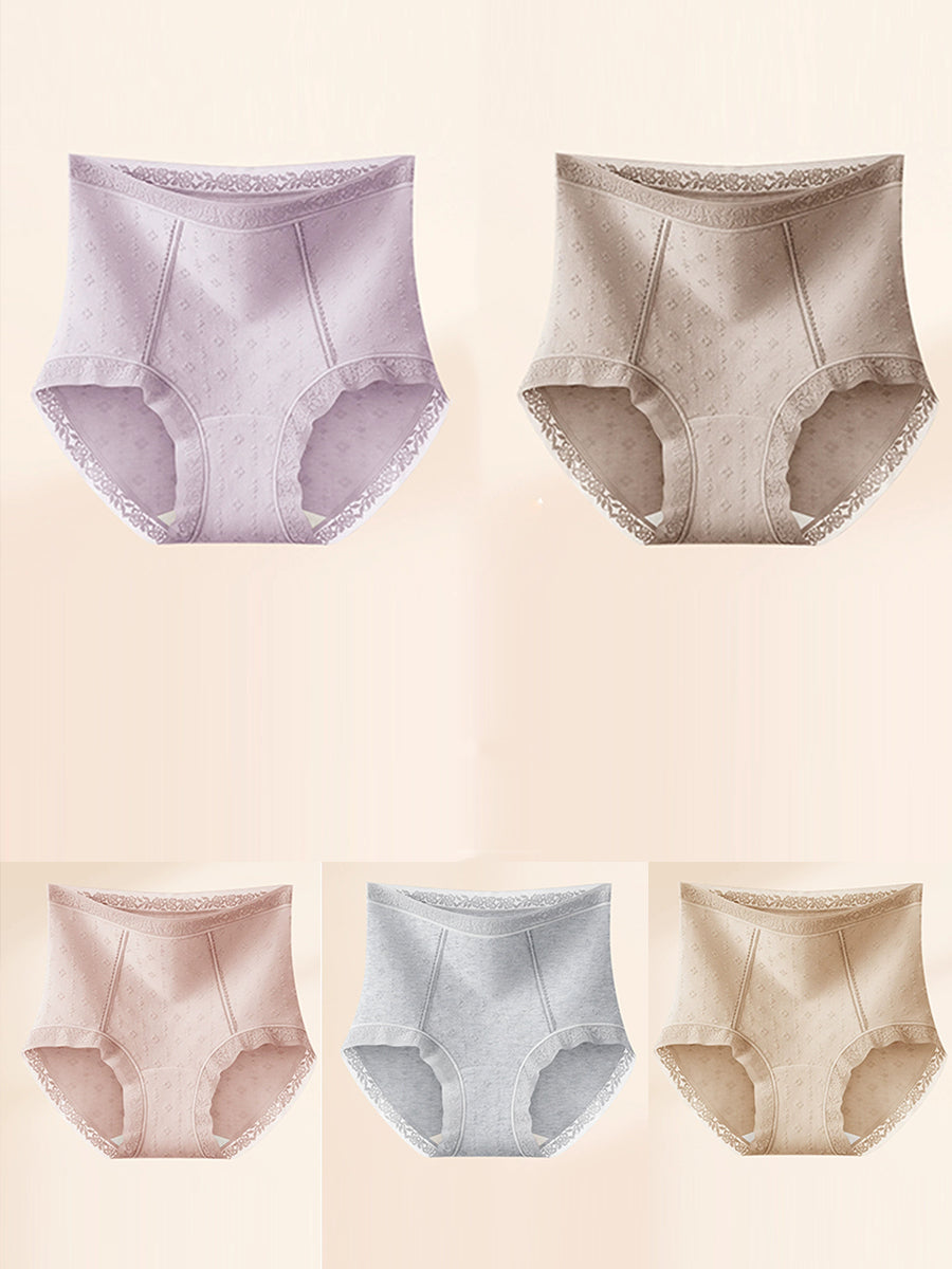 5 Pieces Women High Waist Tummy Control Cotton Lace Jacquard Briefs