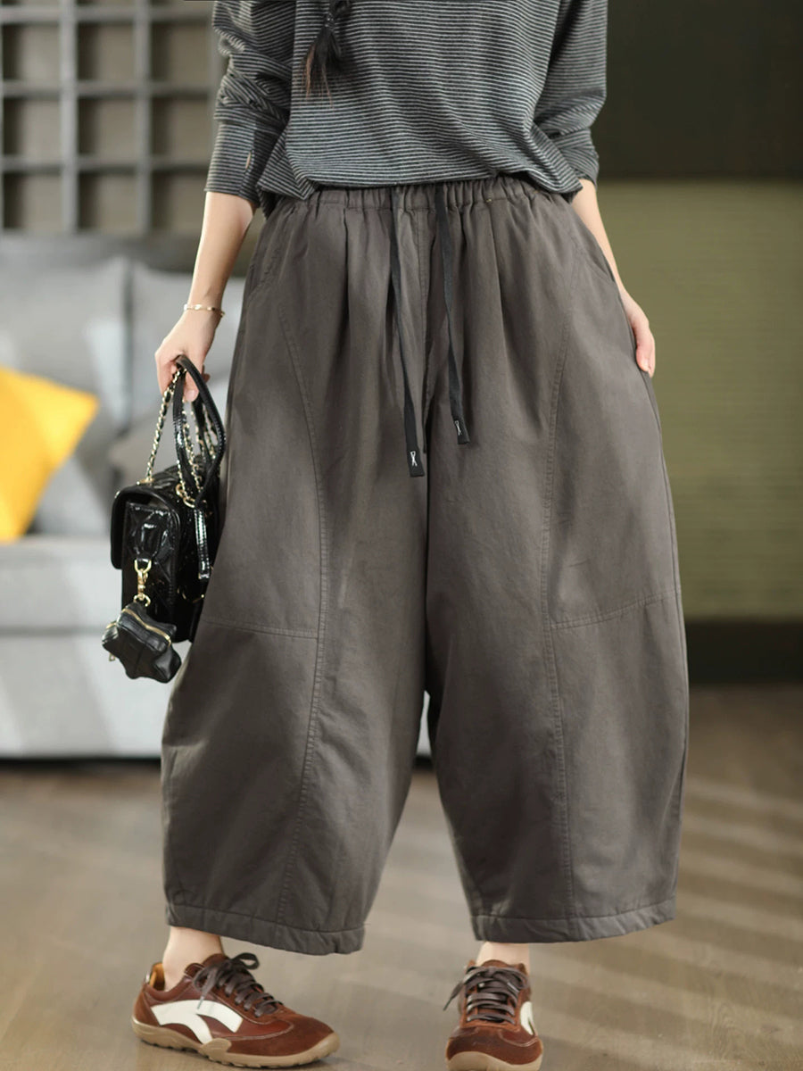 Plus Size Women Winter Vintage Solid Drawstring Cotton Padded Pants