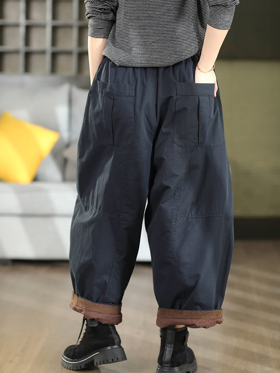 Plus Size Women Winter Vintage Solid Drawstring Cotton Padded Pants
