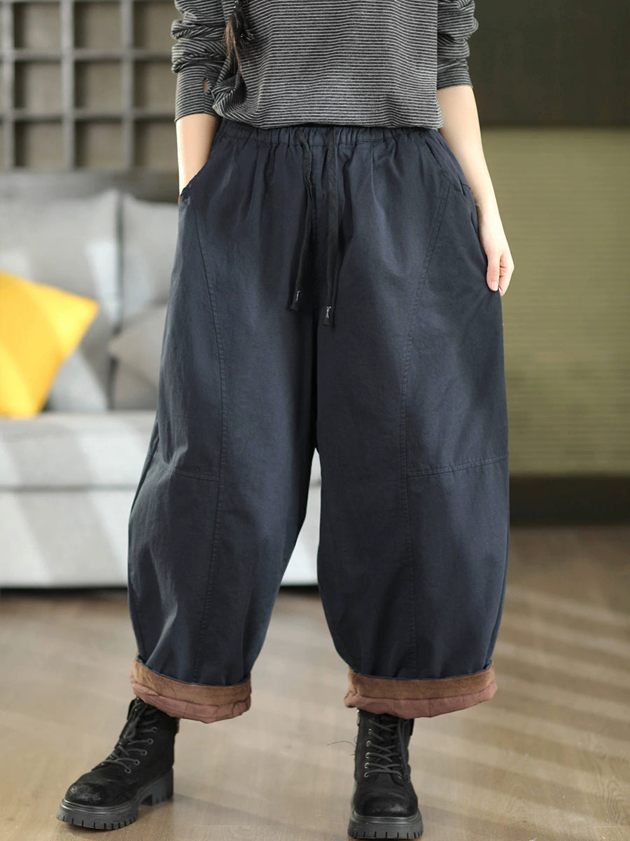 Plus Size Women Winter Vintage Solid Drawstring Cotton Padded Pants