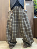 Plus Size Women Vintage Thick Loose Plaid Wide-Leg Pants