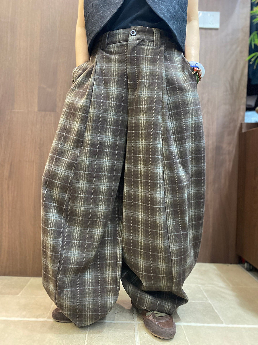 Plus Size Women Vintage Thick Loose Plaid Wide-Leg Pants