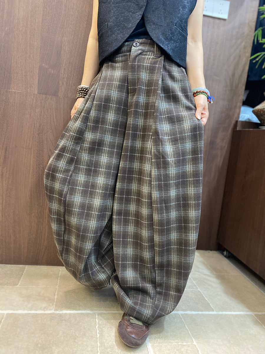 Plus Size Women Vintage Thick Loose Plaid Wide-Leg Pants