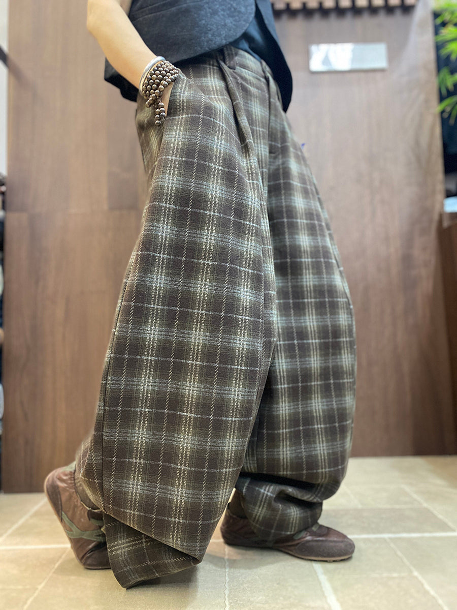 Plus Size Women Vintage Thick Loose Plaid Wide-Leg Pants