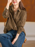 Plus Size Women Vintage Artistic Plaid Turn-Down Collar Shirt