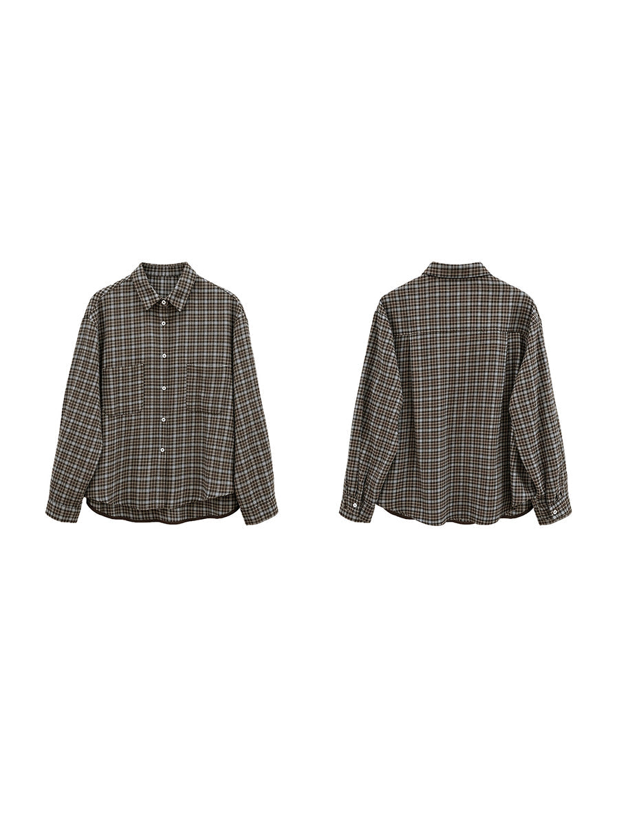 Plus Size Women Vintage Artistic Plaid Turn-Down Collar Shirt