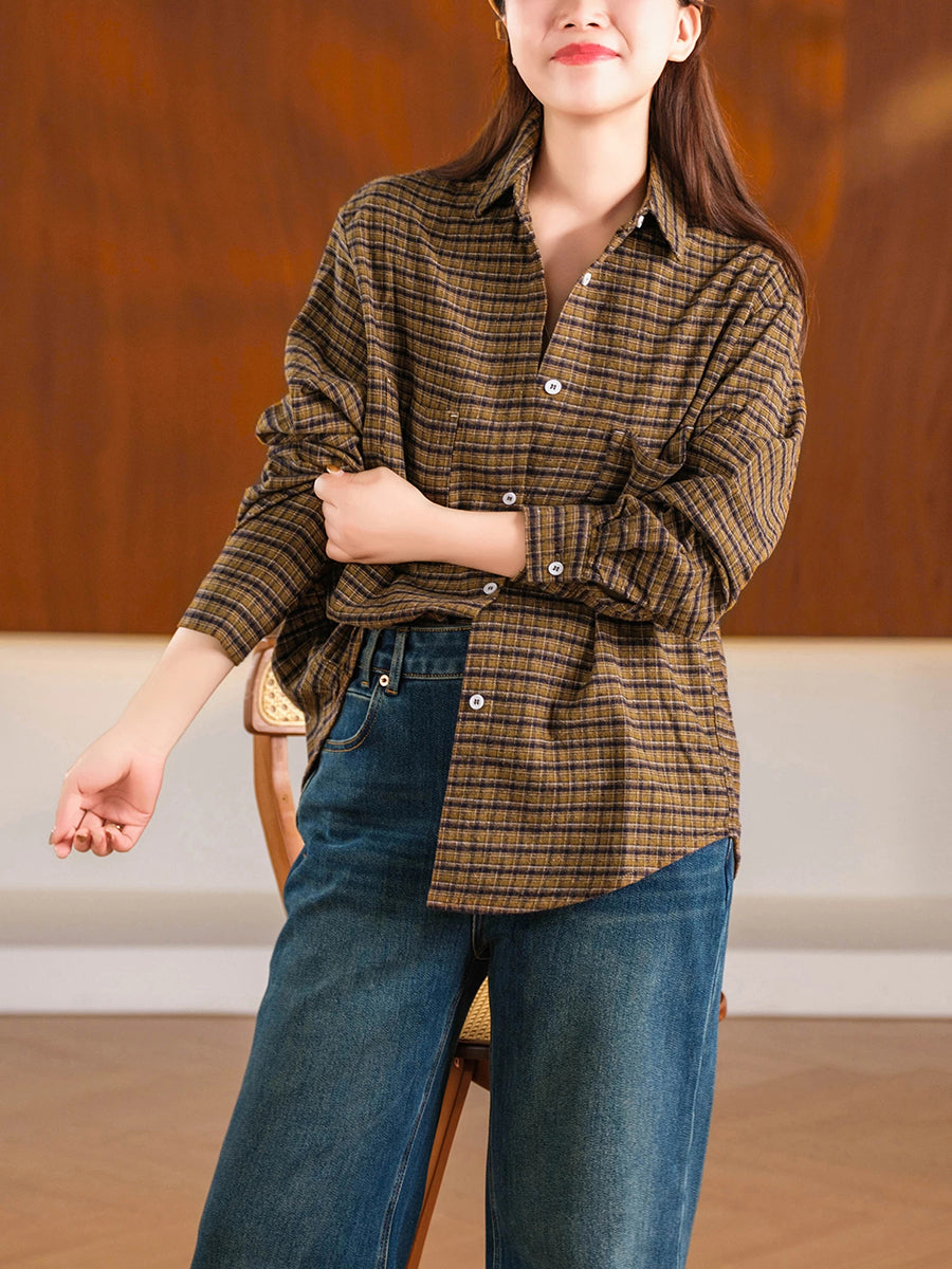 Plus Size Women Vintage Artistic Plaid Turn-Down Collar Shirt