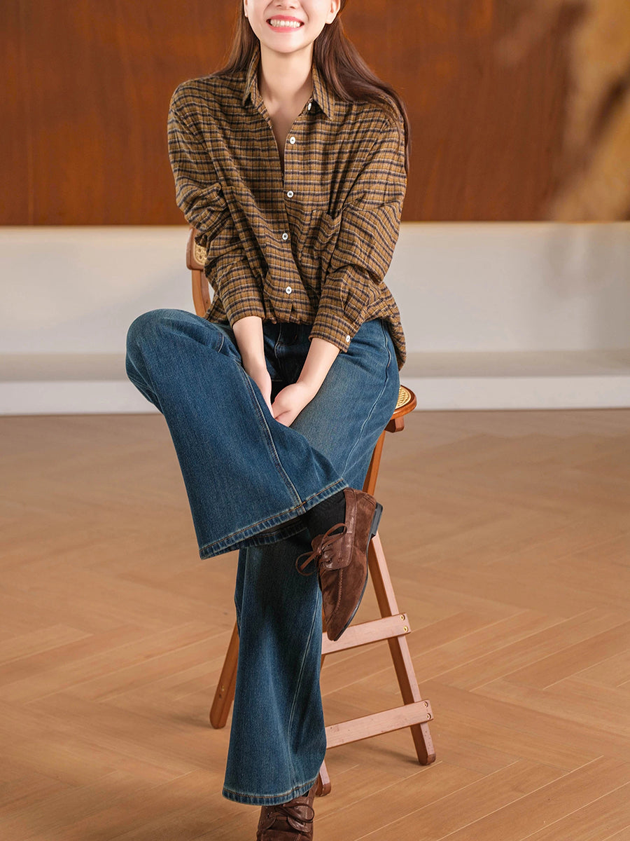 Plus Size Women Vintage Artistic Plaid Turn-Down Collar Shirt