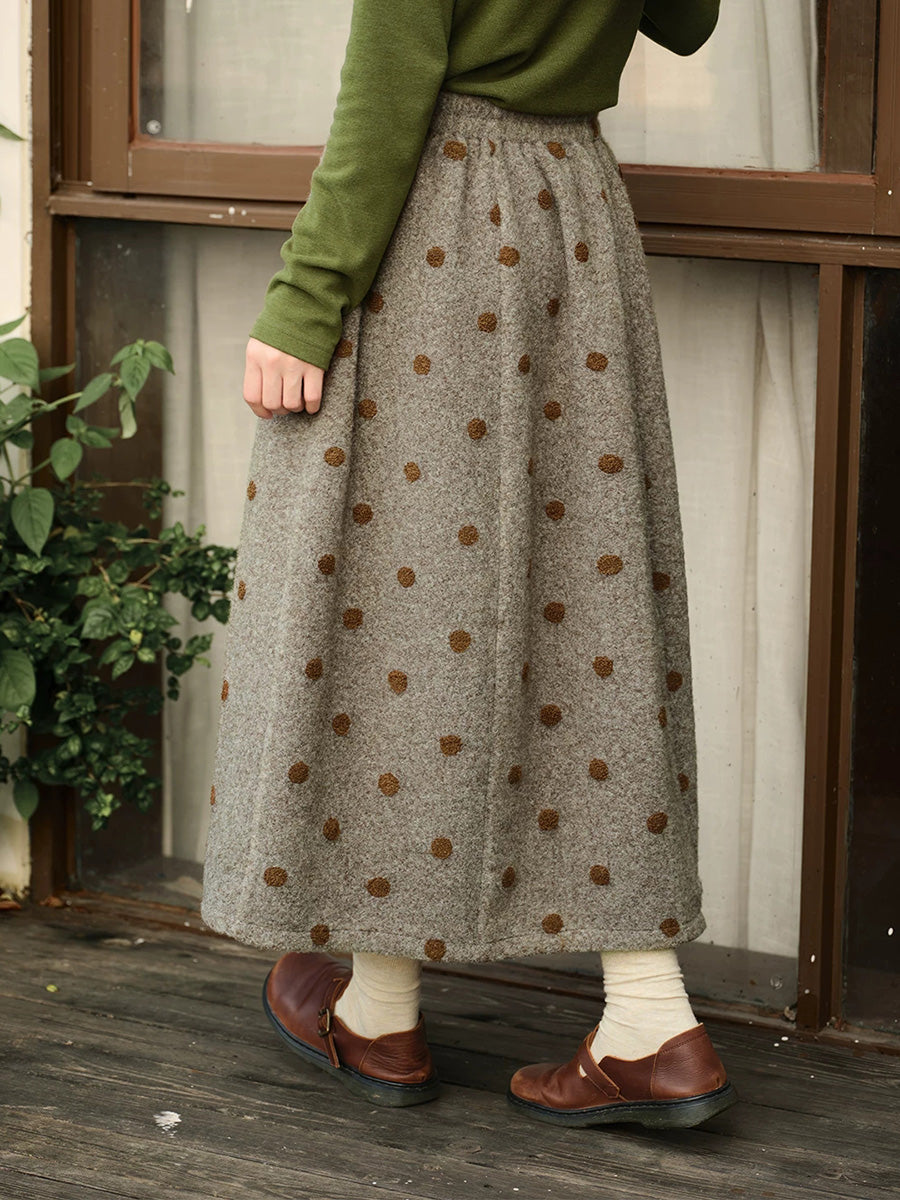 Plus Size Women Artistic Vintage Polka Dot Embroidered Warm Midi Skirt