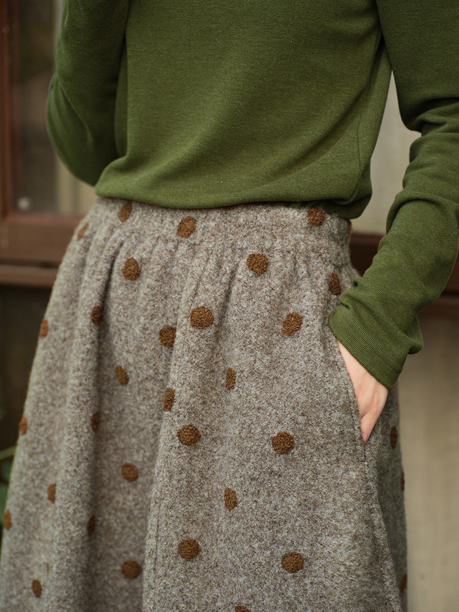 Plus Size Women Artistic Vintage Polka Dot Embroidered Warm Midi Skirt