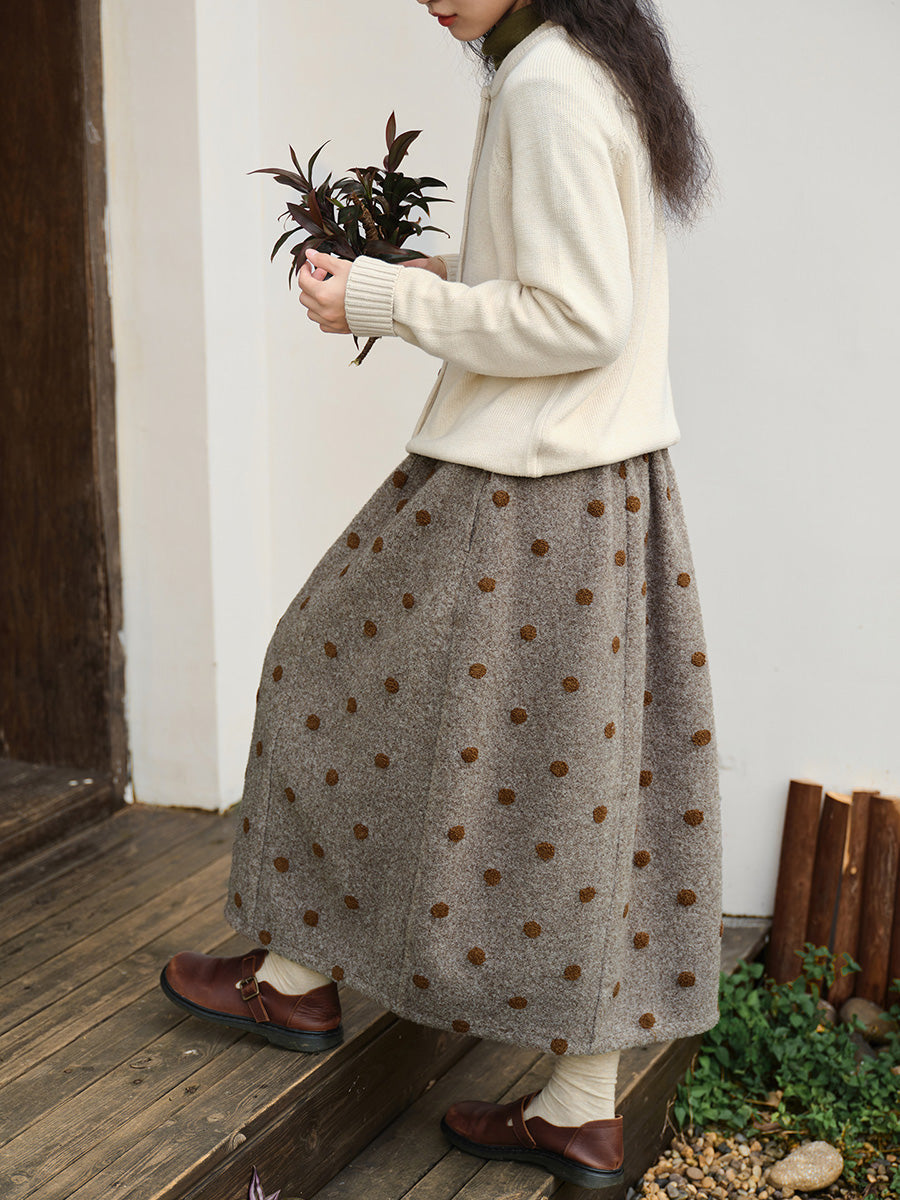 Plus Size Women Artistic Vintage Polka Dot Embroidered Warm Midi Skirt