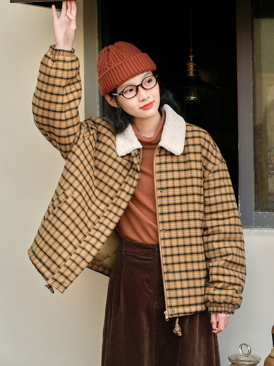 Plus Size Women Vintage Plaid Sherpa Collar Zip-Up Padded Jacket