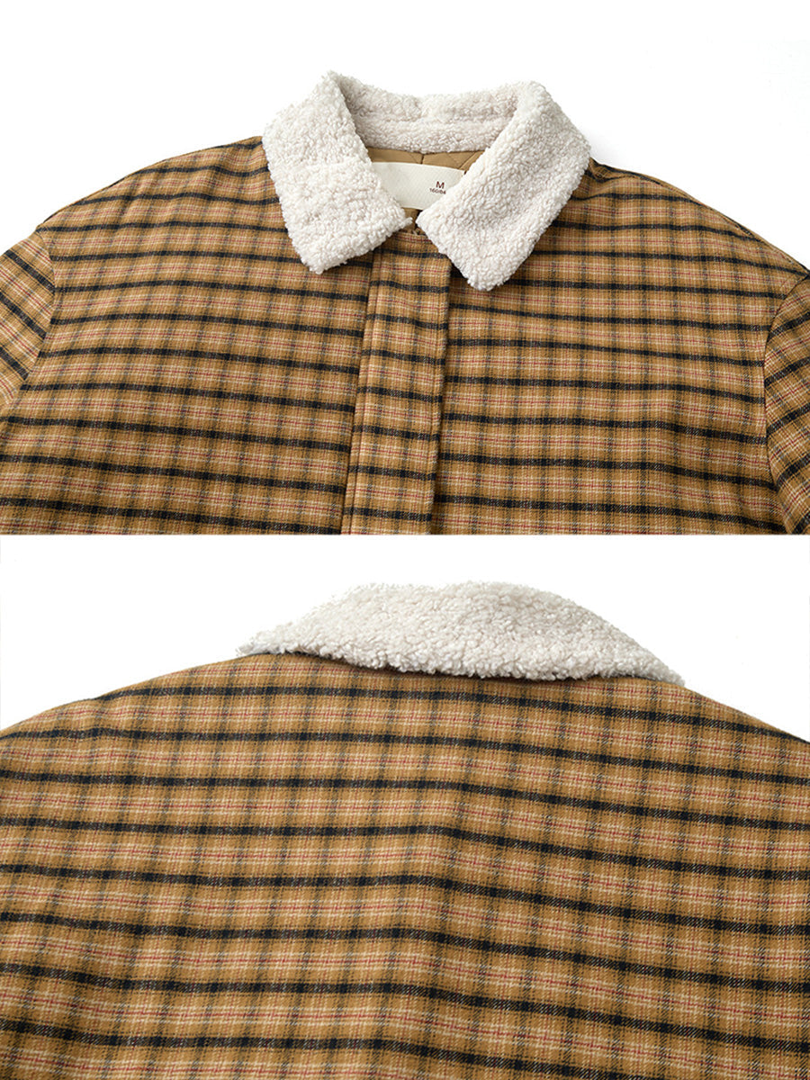 Plus Size Women Vintage Plaid Sherpa Collar Zip-Up Padded Jacket