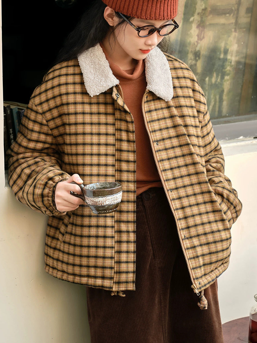 Plus Size Women Vintage Plaid Sherpa Collar Zip-Up Padded Jacket