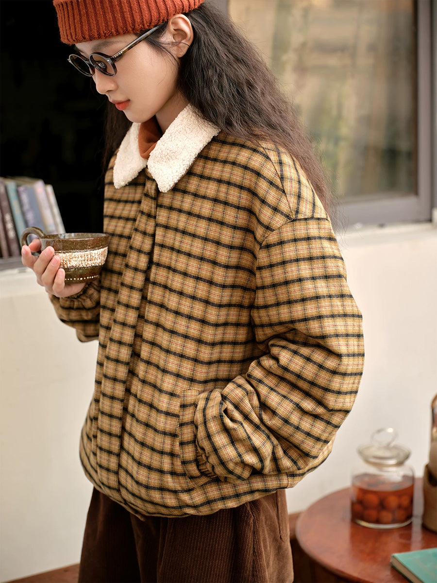 Plus Size Women Vintage Plaid Sherpa Collar Zip-Up Padded Jacket