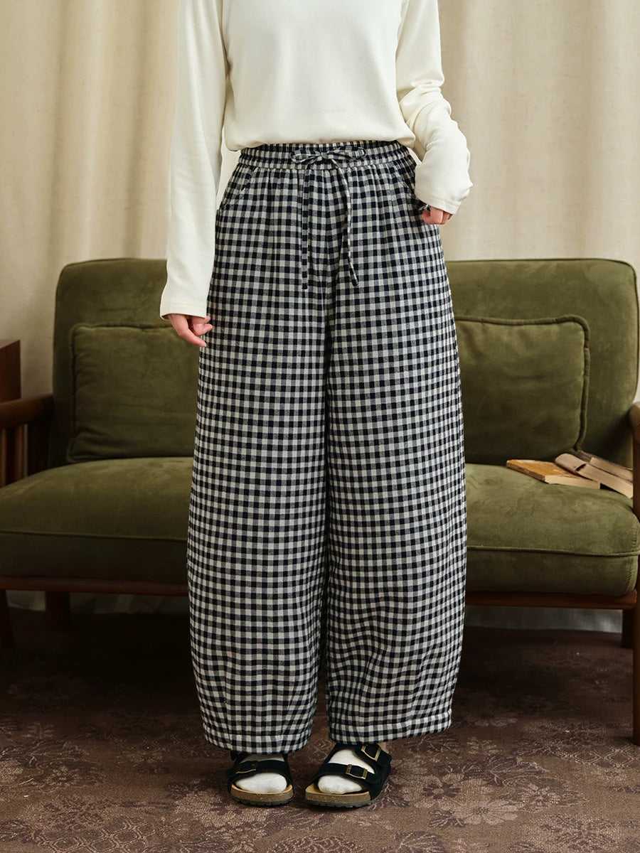Plus Size Women Casual Black and White Gingham Drawstring Lantern Pants