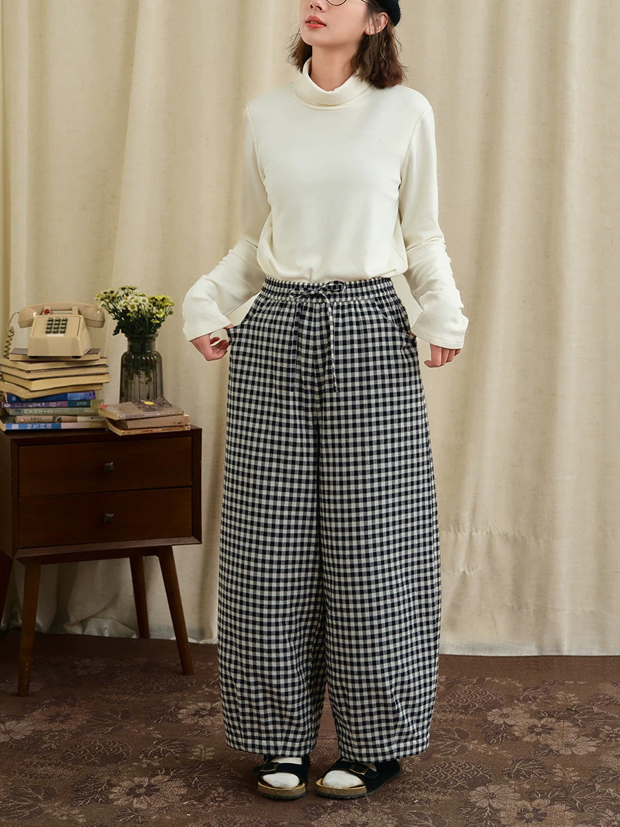 Plus Size Women Casual Black and White Gingham Drawstring Lantern Pants