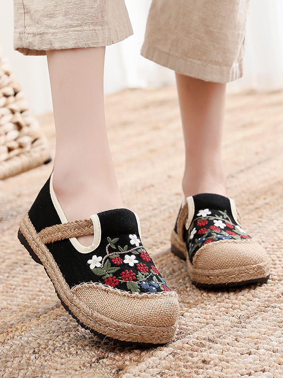 Women Ethnic Flower Embroidery Flat Linen Shoes