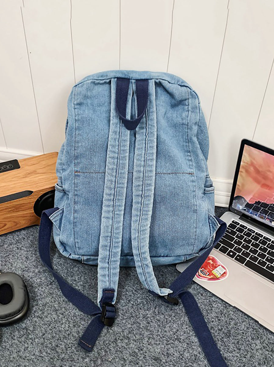 Women Casual Solid Large Capacity School Denim Backpack