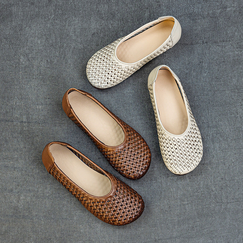 Women Summer Vintage Leather Weave Low Heel Shoes