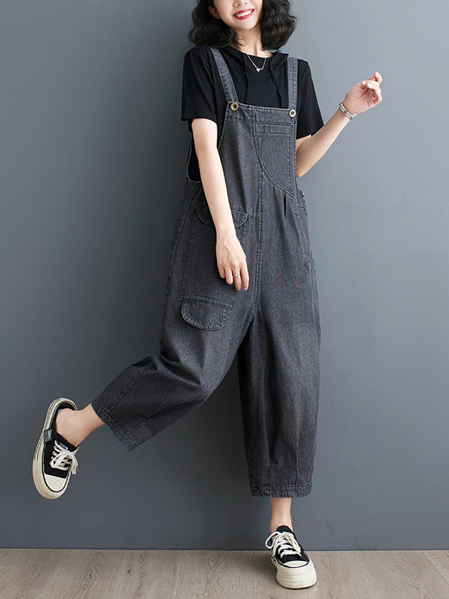 Plus Size Women Summer Solid Casual Loose Denim Jumpsuits