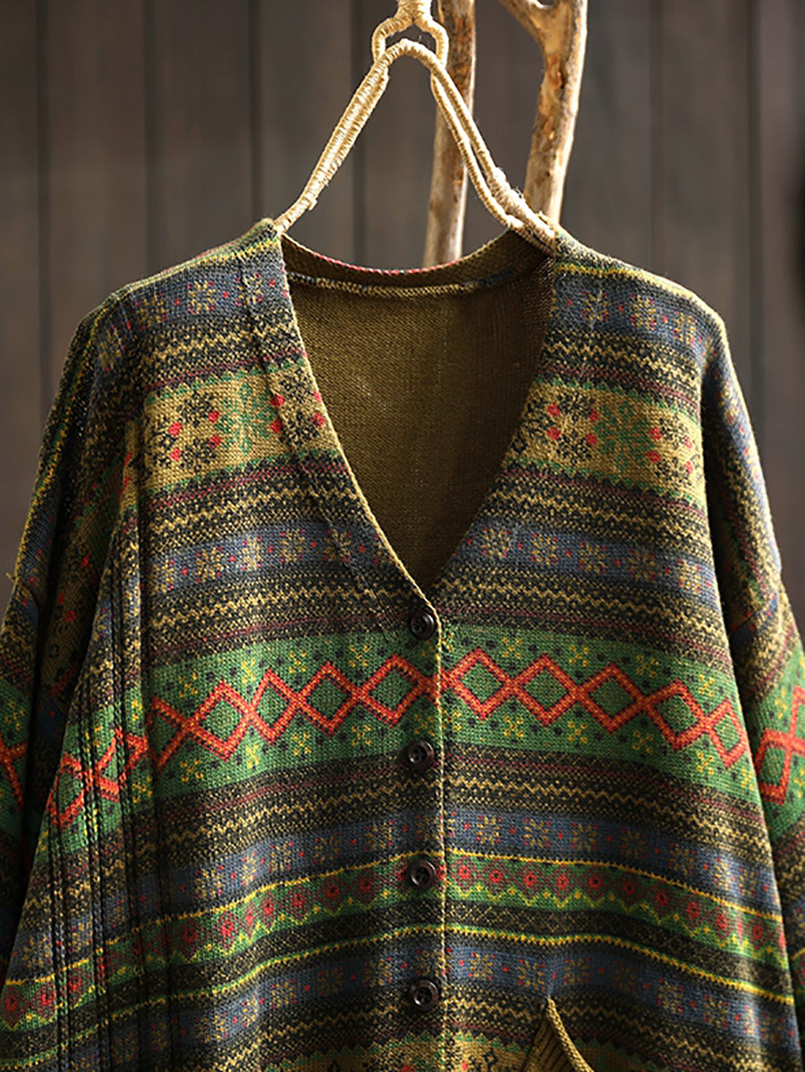 Plus Size Women Autumn Geometric Knitted V-neck Sweater