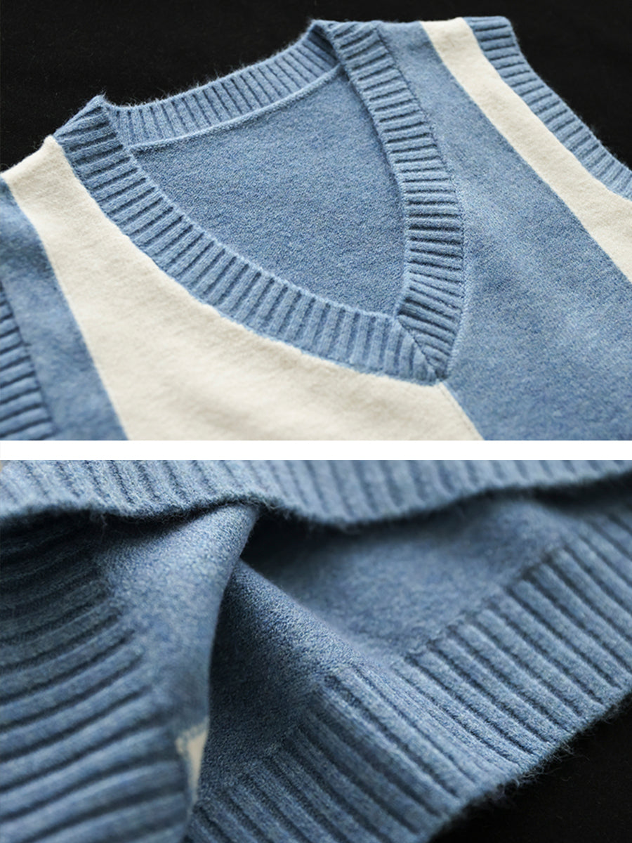 V-Neck Colorblock Plaid Sleeveless Vest Pullover Vest