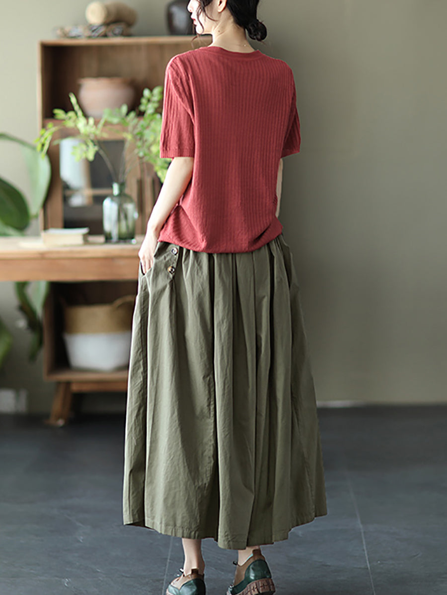 Plus Size Women Summer Solid Pleat Button Pocket Wide-leg Pants